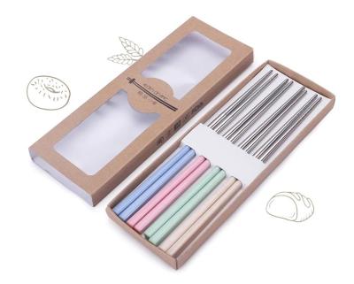 China Plastic Wheat Straw Handle Chopsticks 304 Stainless Steel Tableware Chopstick Set Family 8 Pairs Set for sale