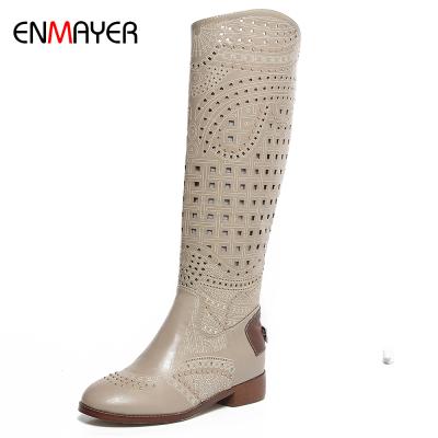 China Size Increasing Plush Top Lining New Brand Italian Genuine Skeleton Cowhide Rivets Decorated Girls Knee Flat Boots for sale