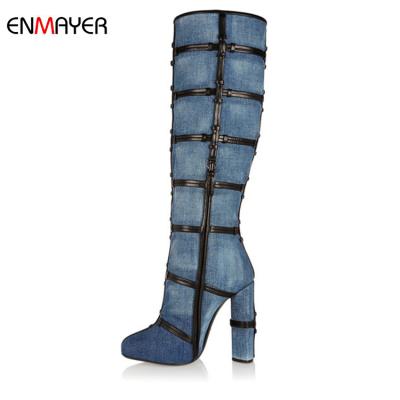 China 2018 fashion chunky high heel boots new denim round-toe high heels women boots roman high heel shoes for sale