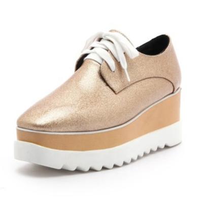 China Fashion Trend Place-toe Low Top Shoes Wedges Platform Leather Shoes Large Size Casual Women's Lace-Up Shoes for sale