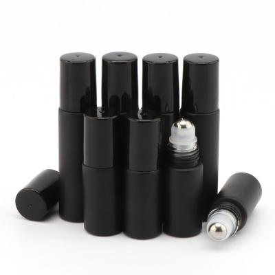 China Personal Care In Stock Empty Frosted Black Red Steel Ball Of Matte Perfume Esentail Oil 5ml 10ml Glass Roll On Bottles for sale