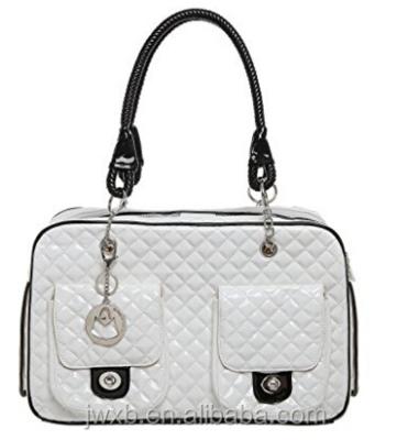 China Viable Designer Faux Patent Inspired White Quilted Leather Dog and Cat Pet Carrier Tote Handbag for sale