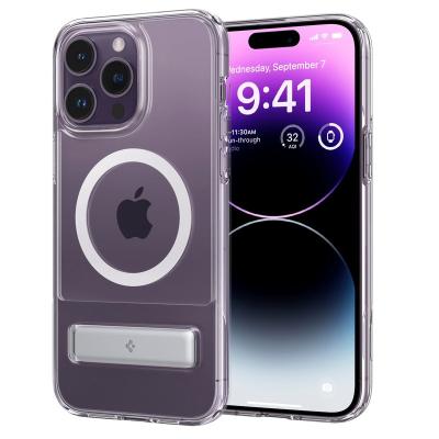 China Shockproof New wholesale clear magnetic phone case with aluminum kickstand transparent shockproof cover with stand for iPhone 15 14 13 for sale