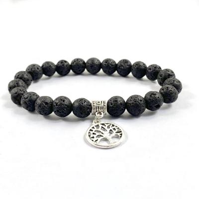 China 2021 Hot Sale Fashion Women's TRENDY Gemstone 6mm Lava Stone Tree Of Life Charm Bracelet for sale