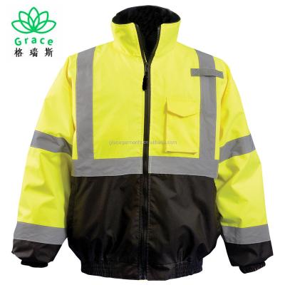 China Workwear High Construction Bomber Jacket Reflective Visibility Safety Traffic Hi Vis Warning Jacket for sale