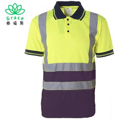 China Hi Vis High Visibility Bird's Eye Reflective Safety Navy Blue Yellow Button Up Polo Shirt Hi Viz for sale