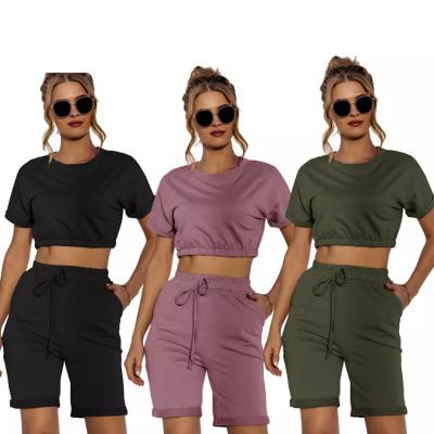 China Anti-wrinkle Fashion Summer Shorts Custom Logo T-shirt Two Piece Pants Jogger Outfit 100% Cotton Set For Women for sale