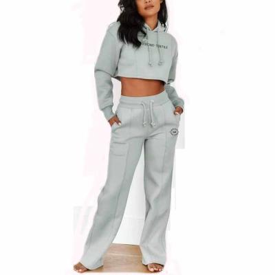 China Anti-wrinkle fashion high quality undefined crop sleeve sweatpants long top and hoodie set gym hoodies for women for sale