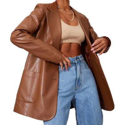 China FAUX LEATHER FAUX LEATHER OVERSIZED POCKET Anti-Wrinkle High Quality Flatteringly Custom Fit CHOCOLATE Women Ladies FRONT BLAZER for sale