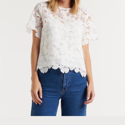 China Anti-Wrinkle Customization Wholesales Lace Up Tee Flower Pattern Designs Round Neckline Cropped Sleeves Back Keyhole Button Vest For Women for sale