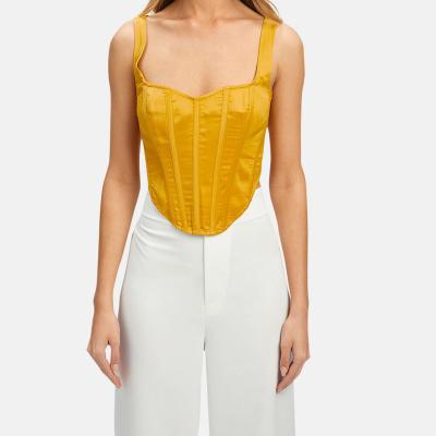 China Fashionable Anti-wrinkle crop top boning with Zipper-closing back pinafore ties cropped cut satin corset Bustier in marigold for sale