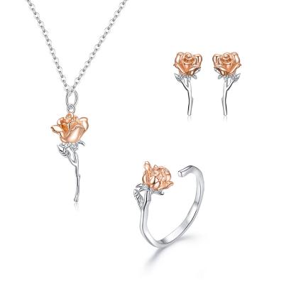 China S925 Graceful Rose Ring Jewelry Set For Women Simple and Elegant Sterling Silver Fashion Design Earrings for sale