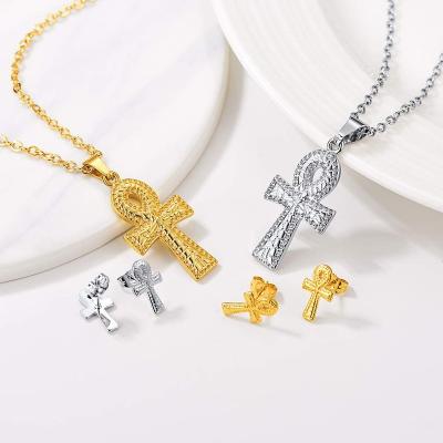 China 925 Sterling Silver Gold Plated Earrings Romantic Cross Necklace Jewelry Set for sale