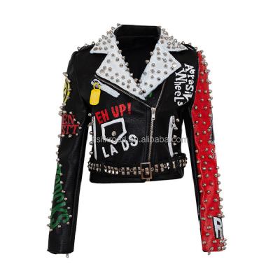 China Viable Women's Motorcycle Pu Leather Jacket Graffiti Print Coat Supplier Colorful Rivet Punk Customize Color Jackets for sale