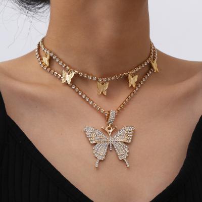 China European Fashionable New Design Women's Hips Hops Rhinestone Crystal Butterfly Tennis Chain Necklace 2021 Bling for sale