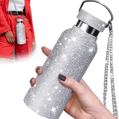 China Diamond Water Bottle Bling Diamond Vacuum Flask Viable Rhinestone Glitter Water Bottle with Diamond Lid Chain for Women Girls for sale