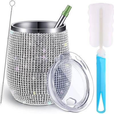 China Amazon New Style Viable Hot Sale New Style Double Wall Insulated Diamond Bling Stemless Wine Tumbler With Straw Lid for sale