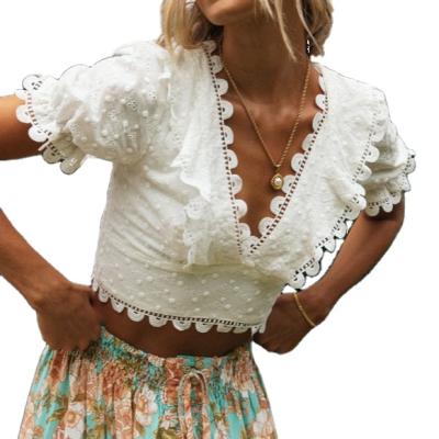 China Breathable High Waist Women's New Patchwork Lace Embroidered Cross Strap Cross Strap Short Sleeve Top for sale