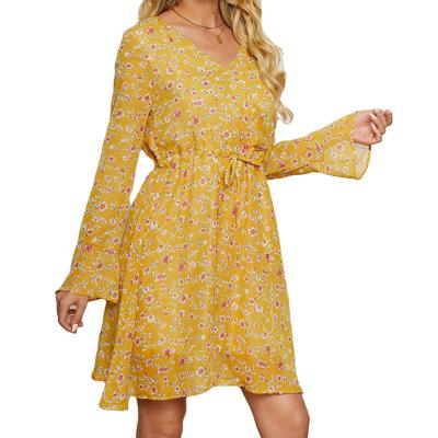 China Anti-Wrinkle Summer Dresses Sheath Long V Neck Dress Floral Print Cuff Slim Flare Party Dress For Muslim Women for sale