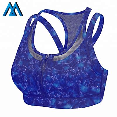 China Royal Blue Marble Ladies Pads Breathable Yoga Tops Pad Inserts With Zipper Up Front Zip Mesh Sports Bra for sale