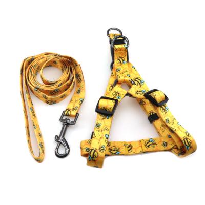 China Viable Premium Wholesale Yellow Bee Pattern Pet Collar Leash Dog Harness Polyester for sale