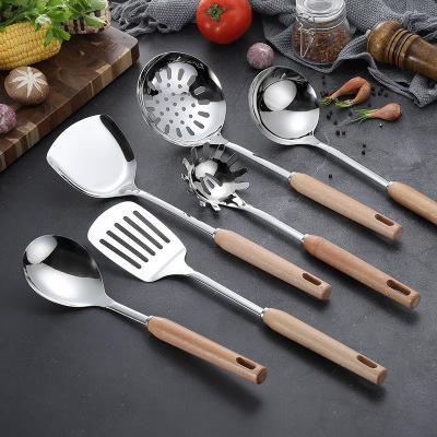 China Sustainable Stainless Steel Wood Handle Cooking Tools Soup Pocket Spoon Slotted Turner Kitchen Utensil Set for sale