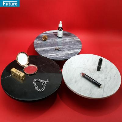 China Round Natural Marble Stone Skin Care Product Display With One Ball Leg Cake Dessert Tray Home Hotel Decorate for sale