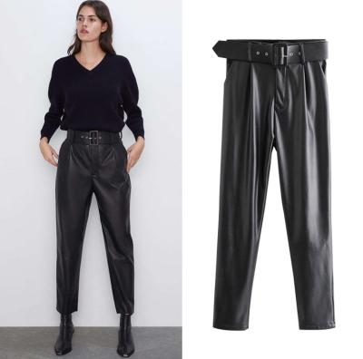 China Women Fabric Waterproof PU Hot Selling Leather Pants With Belt Joker High Waist Slim Trousers For Ladies With Belt for sale