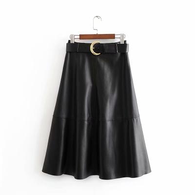 China Black Girls Plain Dyed Knee Length Anti-Static Wavy Elastic High Waist Anti-Static Skirts Faux Leather Skirt for sale