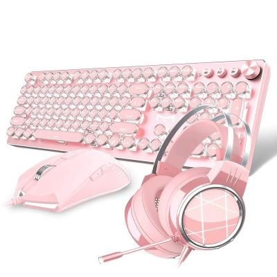 China Pink PUNK Girl's Mechanical Keyboard and Wired Computer PC Gaming Punk Keyboard by Mouse Set Retro Three Piece Set for sale