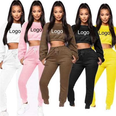 China Custom Women Logo Knit Two Piece Set Anti-Wrinkle Long Sleeve Joggers Clothing Crop Top Hoodie Set for sale