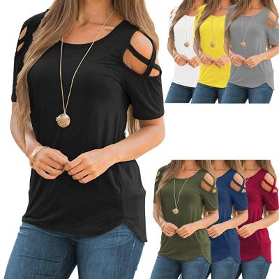 China New Solid Color Top Women's T-shirts Casual Ripped Large Size QUICK DRY Shoulder Strap for sale