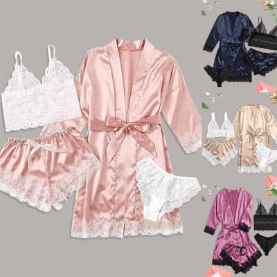 China 4 PCS Satin Nightgown Camisole Floral QUICK DRY Floral Top Pajamas Lingerie Sexy Nightgown Sleepwear Set Pajamas For Women for sale