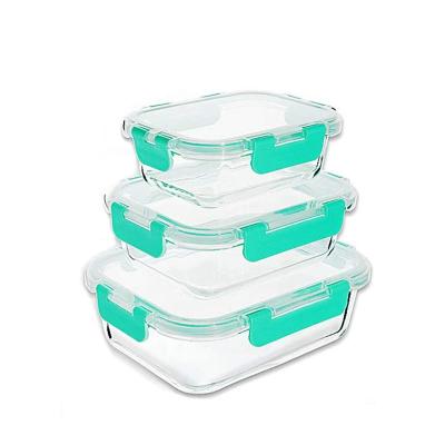 China 3 Piece Rectangle BPA Free Microwavable Set Glass Lunch Box With Lid Large Capacity Clear Food Storage Containers for sale