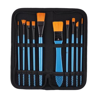 China 10 Pieces Paint By Artist Wooden Set Art Supplies Paintbrush Blue Handle Brushes For Acrylic Painting With Nylon Bag for sale