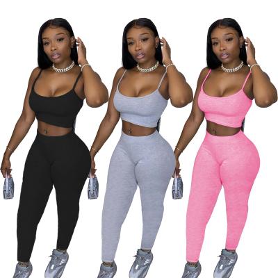 China Spaghetti 2021 New Anti-Static Women Solid String Top And Pants Set 2 Bodycon Yoga Legging Two Piece Set for sale