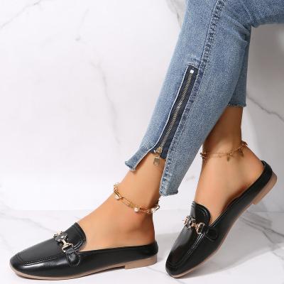 China New Spring Baotou Women's Shoes Half Round Black Loafers Ladies Slippers Flat Shoes for sale