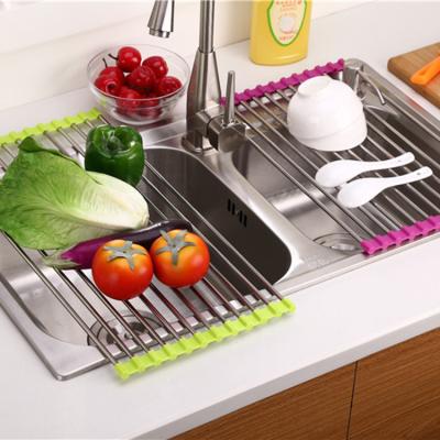 China Durable Foldable Stainless Steel Kitchen Stuff Drain Rack Dish Kitchen Sink Storage Water Filter Holder for sale