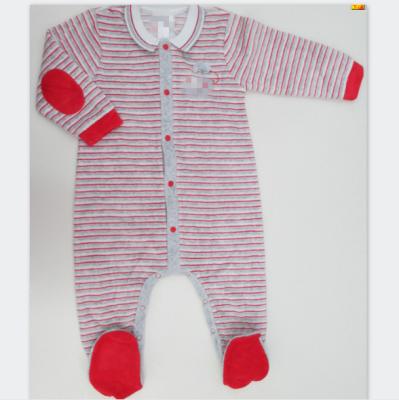 China Yarn Dyed Baby Velour Romper Baby Footed Rompers Front Opening Footie Rib Collar for sale