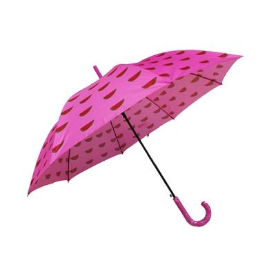 China Pongee Watermelon Printing Pink Color Straight Handle Matching Umbrella for sale