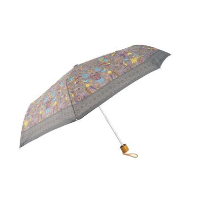 China Pongee Full Wood Handle Light 3 Folding Manual Open Umbrella for sale