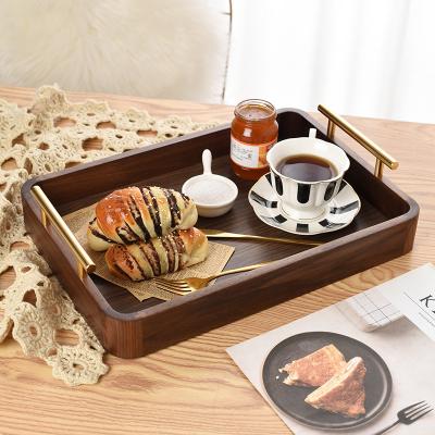 China Viable Wholesale Wooden Brown Plate Serving Food Tray Custom Decorative Wooden Tray Organizer with Metal Handle for sale