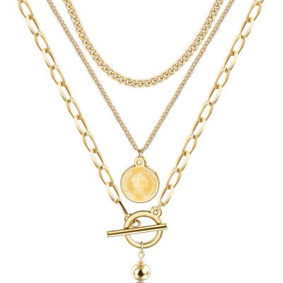 China Punk Layered Gold Elizabeth Coin Pendant Necklace for sale