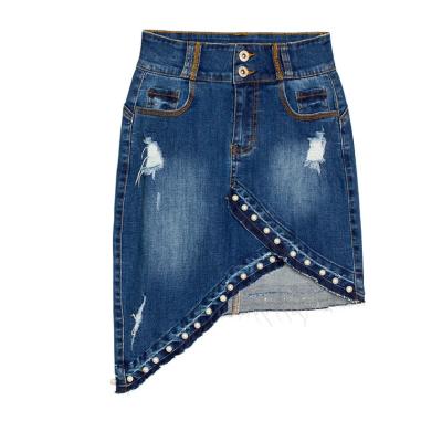 China Breathable Customize Beaded Blue Denim Mini Skirts Knee Length Ladies Jeans Women Short Lattice Skirts For Ladies for sale