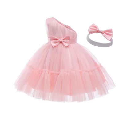 China 2023 New Mesh Gauze Princess Skirt Pink Bow Stitching Baby Children's Breathable First Birthday Dress for sale