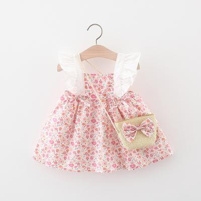 China 2023 Summer New Girls Breathable Sleeve Dress Babies Cotton Floral Flounce Skirt Send Bamboo Bag for sale