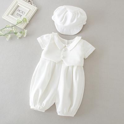 China Breathable Satin Toddler Boy Girl Western Party Costume British White Baptism Suit With Hat First Birthday for sale