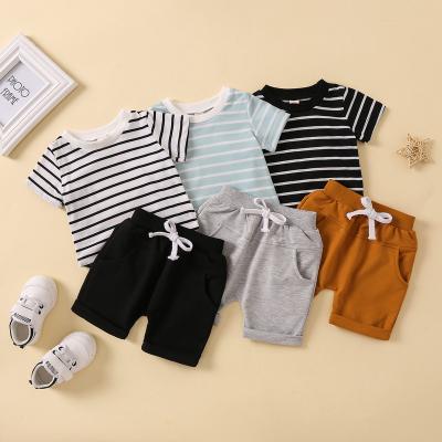 China New breathable European and American striped shorts sleeved upper newborn baby clothes sets 0-3 months for boy solid color shorts for sale