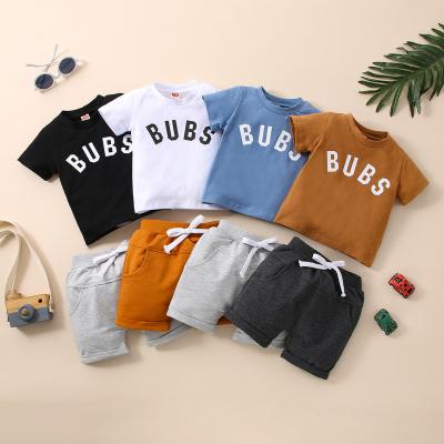 China Breathable Factory Direct Children's Wear Round Neck Letter Printed Top Solid Color Shorts Baby Boy Clothing Sets 0 To 3 Months for sale