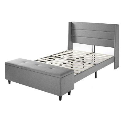 China Gray Wood Slat Support Queen Size Velvet Linen Tufted Fabric Upholstered Bed Frame With Storage Ottoman Bench for sale